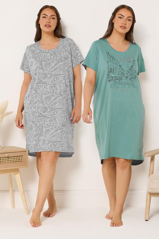 YOURSET Plus Size 2 PACK Green Paris Scene Nightdresses | Yours Clothing 1