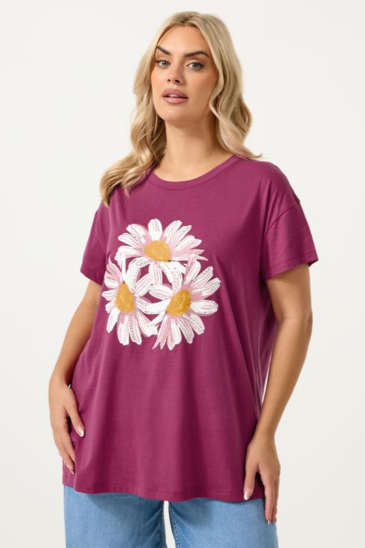 YOURS Plus Size Pink Studded Daisy T-Shirt | Yours Clothing 1
