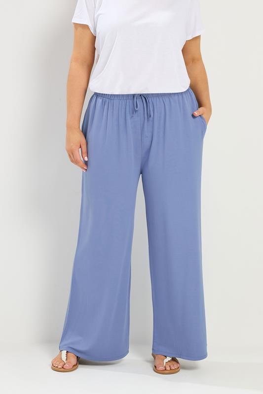YOURS Plus Size Blue Soft Touch Wide Leg Trousers | Yours Clothing 1