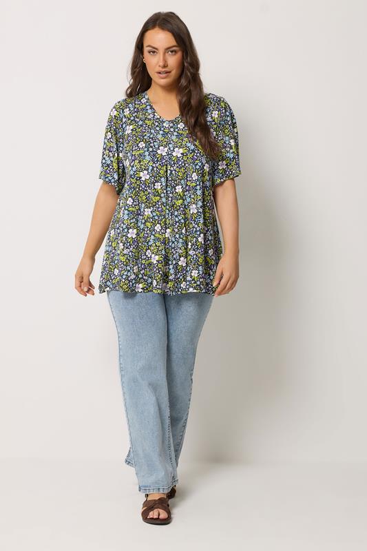 YOURS Plus Size Navy Blue & Green Floral Pleat Front Top | Yours Clothing 1