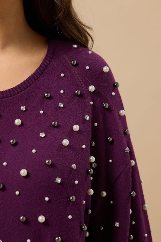 EVANS Plus Size Purple Pearl Embellished Soft Touch Jumper Dress | Evans 4