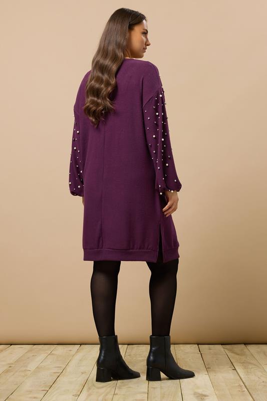 EVANS Plus Size Purple Pearl Embellished Soft Touch Jumper Dress | Evans 2