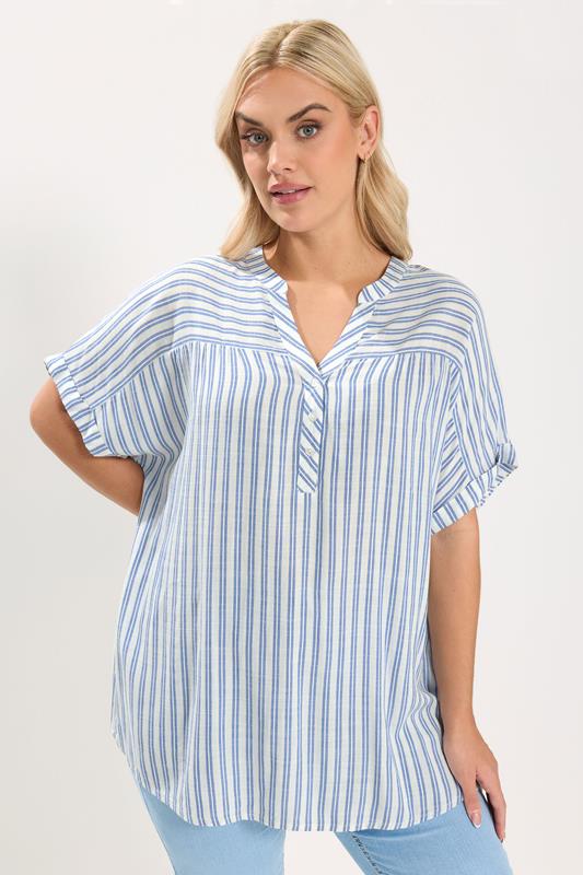 YOURS Curve White & Blue Stripe Notch Neck Top
