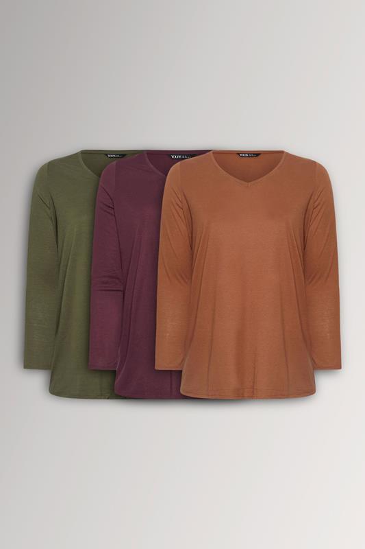 YOURSET 3 PACK Curve Brown & Khaki Green Long Sleeve V-Neck T-Shirts