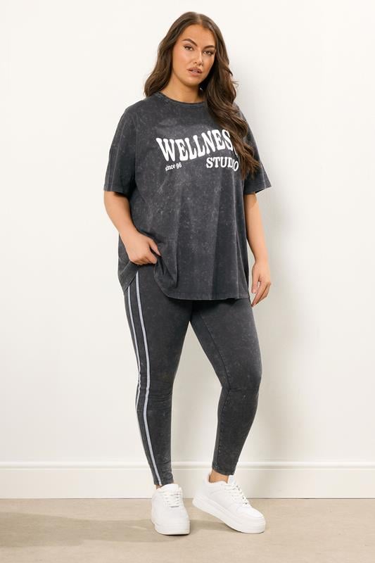 YOURS ACTIVE Plus Size Grey Acid Wash Side Stripe Leggings | Yours Clothing 1