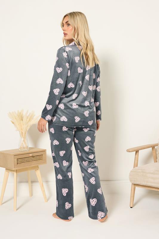 YOURS Plus Size Grey Animal Heart Print Fleece Pyjama Set | Yours Clothing 2