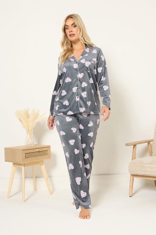 YOURS Plus Size Grey Animal Heart Print Fleece Pyjama Set | Yours Clothing 5