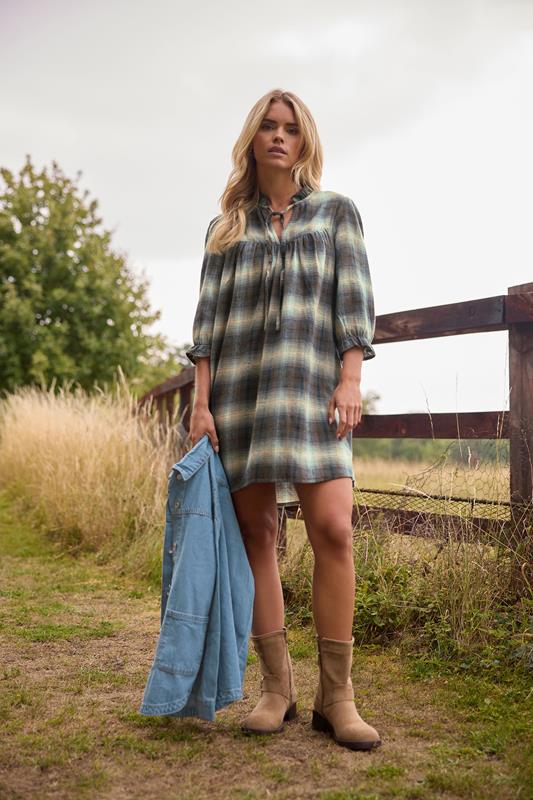 PixieGirl Petite Women's Blue Brushed Check Tie Smock Dress | PixieGirl 1