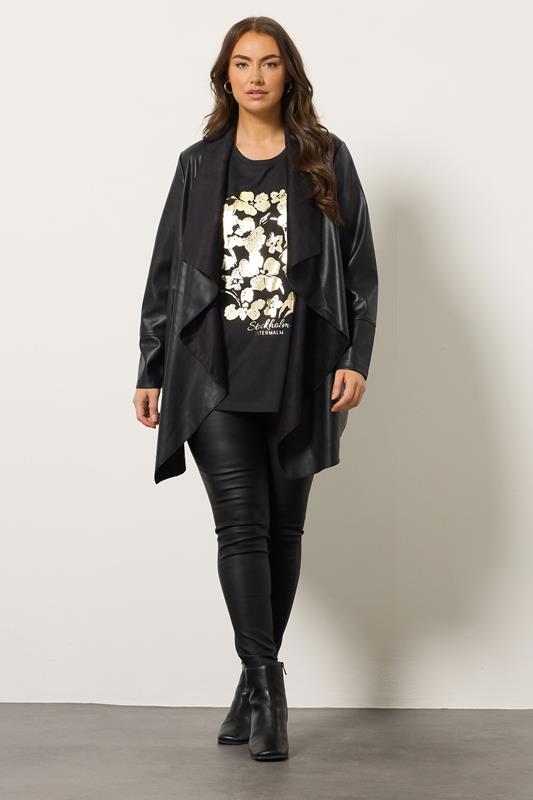 EVANS Plus Size Black & Gold Floral Foil Detail Modal Top | Evans 1