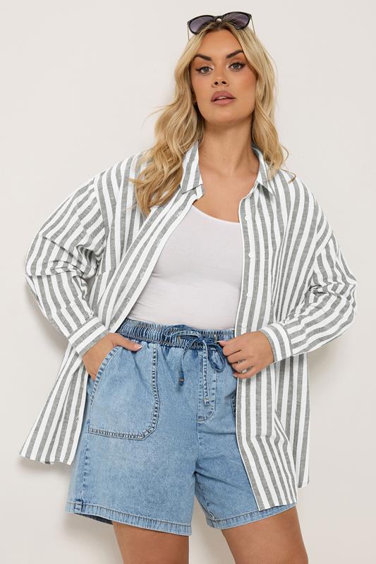 YOURS Curve Black & White Linen Stripe Shirt