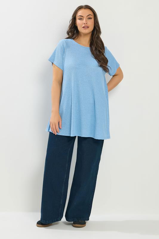 YOURS Plus Size Light Blue Ribbed Soft Touch T-Shirt | Yours Clothing 1