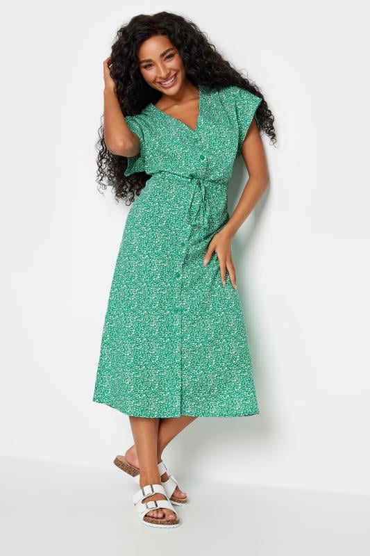 Women's  M&Co Petite Green Ditsy Floral Tie Waist Dress