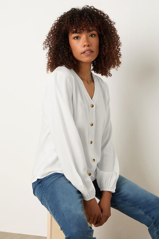 M&Co White Button Front Long Sleeve Blouse | M&Co 1