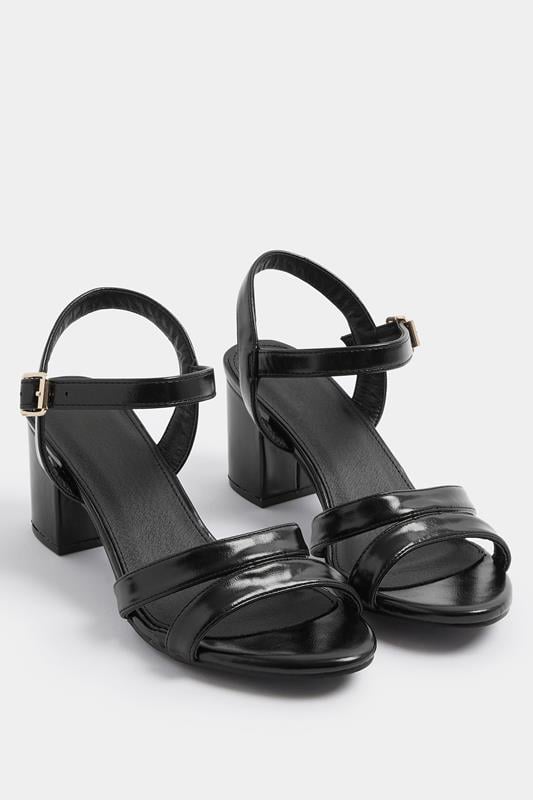  Yours Black Faux Leather Mid Block Heel Sandals In Wide E Fit