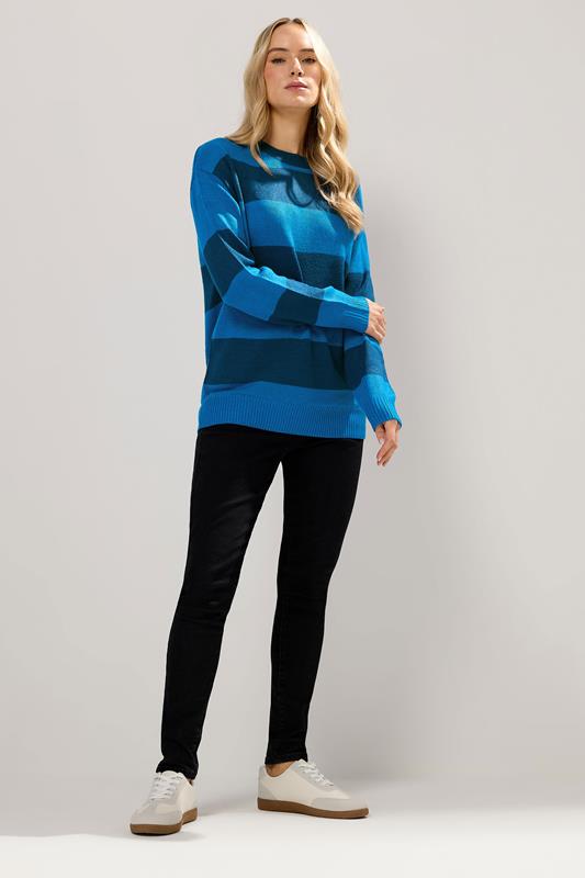 LTS Tall Blue Knitted Stripe Crew Neck Jumper | Long Tall Sally 1