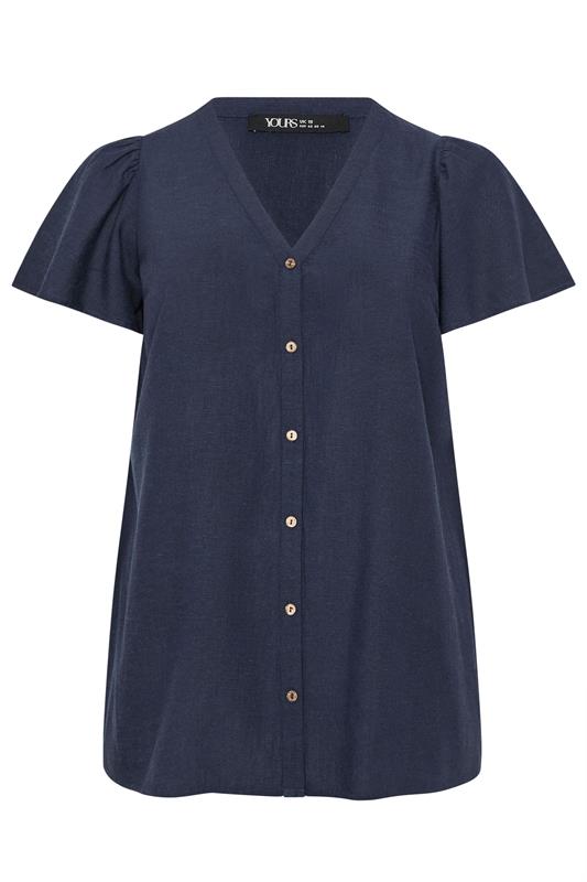 YOURS Plus Size Navy Blue Button Through Linen Blouse | Yours Clothing 5