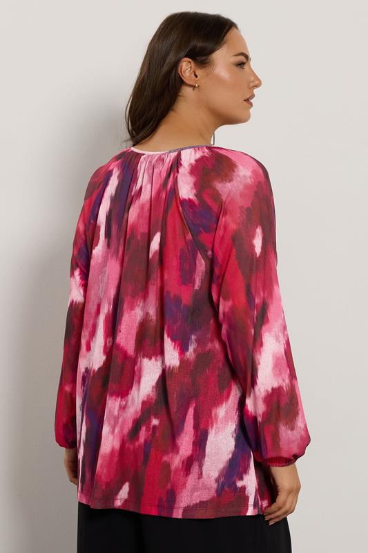 EVANS Plus Size Pink Abstract Print Balloon Sleeve Blouse | Evans 2