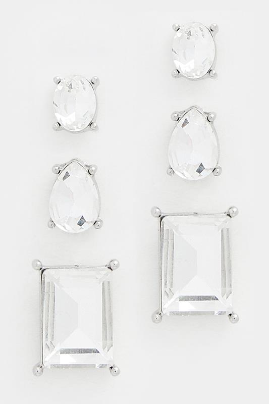 YOURSET 3 PACK Silver Tone Diamante Stud Earrings | Yours Clothing 1