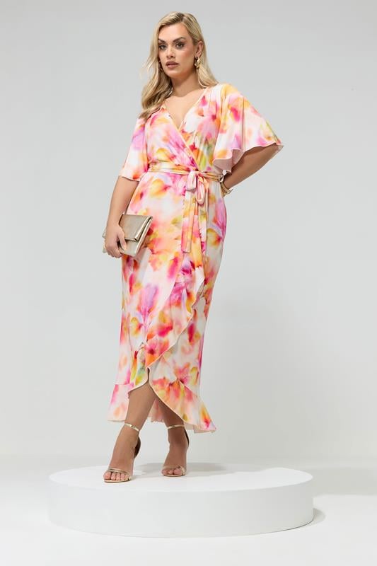 YOURS LONDON Curve Yellow Abstract Ruffle Hem Wrap Dress