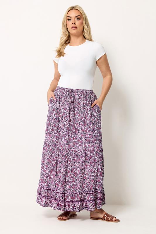 YOURS Curve Pink Ditsy Floral Tiered Skirt