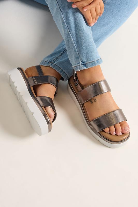  Yours Grey Faux Leather Padded Wedge Sandals In Extra Wide EEE Fit