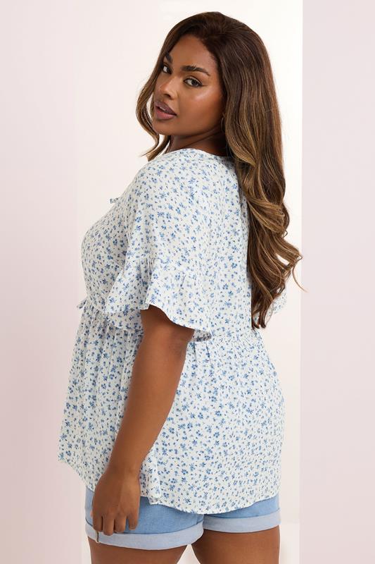 YOURS Plus Size Light Blue Ditsy Floral Tie Front Peplum Top | Yours Clothing 4