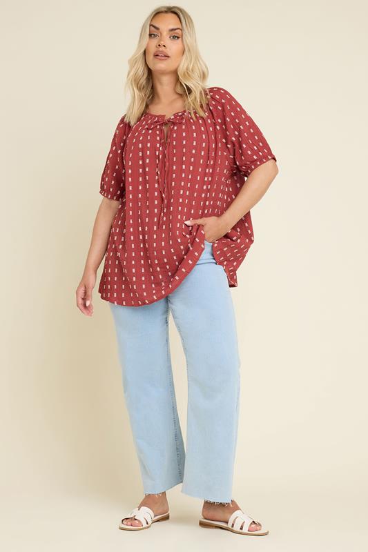 YOURS Plus Size Rust Orange Dobby Tie Neck Top | Yours Clothing 1