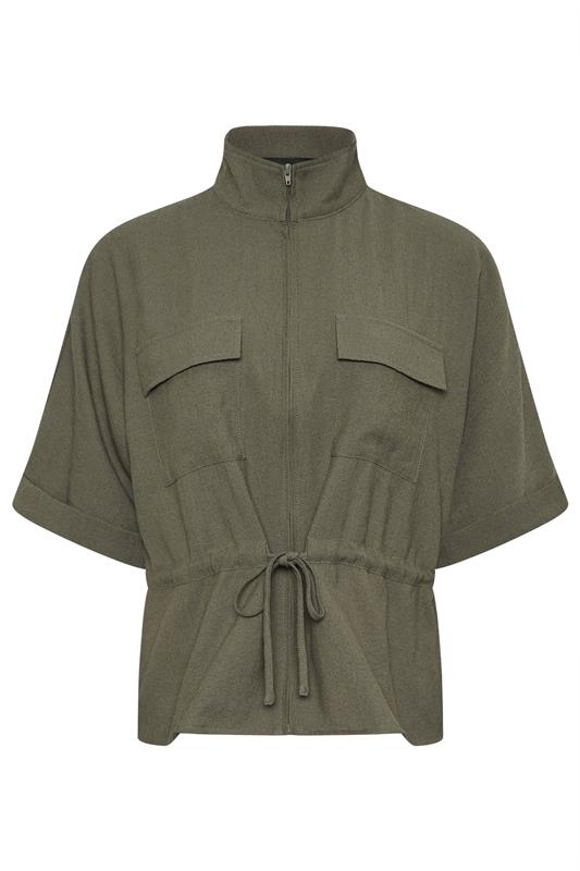PixieGirl Petite Women's Khaki Green Funnel Neck Shacket | PixieGirl 5