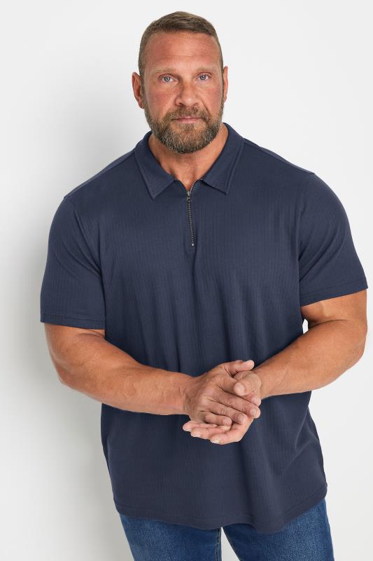 BadRhino Big & Tall Navy Blue Jacquard Zip Neck Polo Shirt