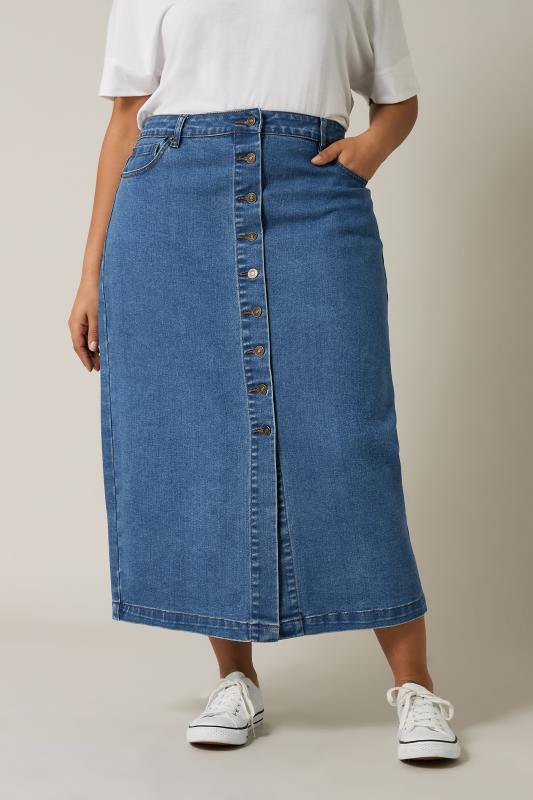 EVANS Plus Size Blue Button Through Denim Maxi Skirt | Evans 1