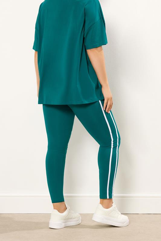 YOURS ACTIVE Plus Size Teal Green Side Stripe Leggings | Yours Clothing 2