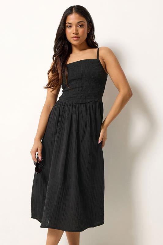 PixieGirl Petite Black Cotton Cheesecloth Midi Dress