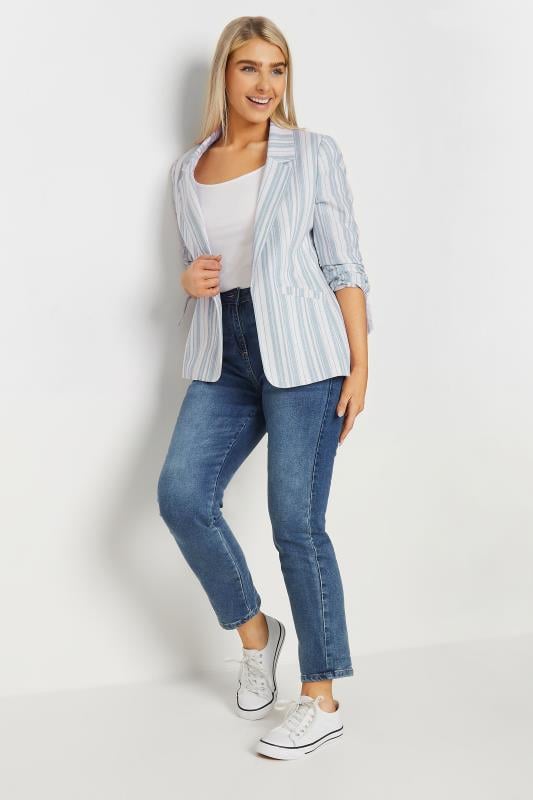 M&Co White & Blue Striped Ruched Sleeve Blazer | M&Co 2