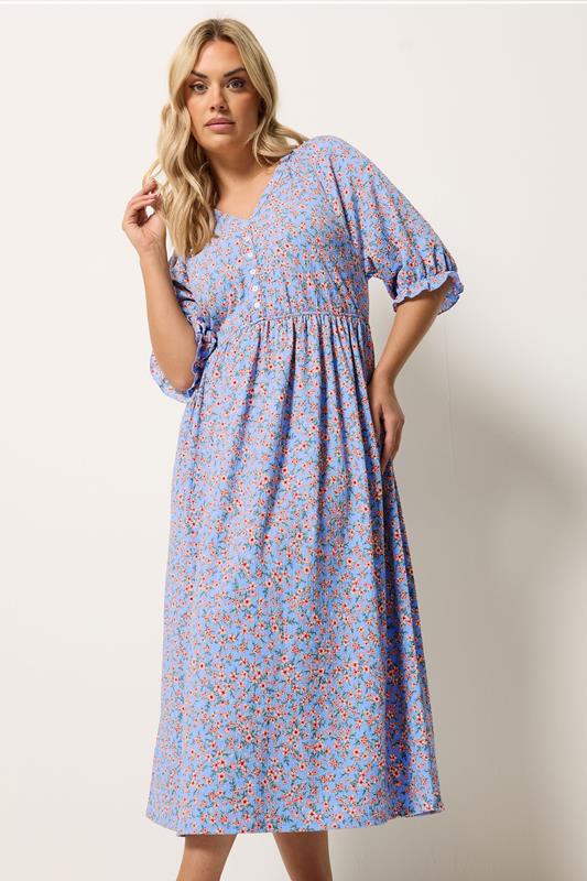 YOURS Curve Blue Ditsy Floral Raglan Sleeve Dress