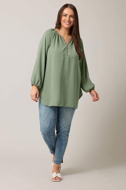 EVANS Plus Size Khaki Green Button Front Long Sleeve Blouse | Evans 1