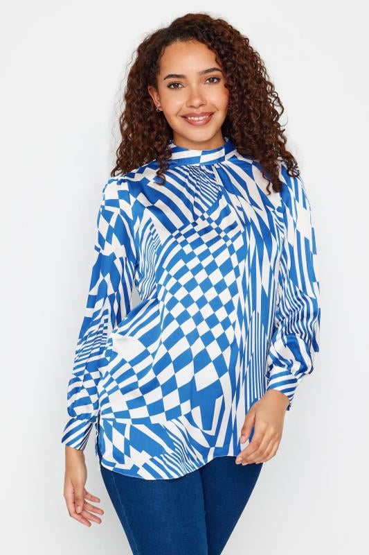 M&Co Blue Abstract Print High Neck Satin Blouse | M&Co 1