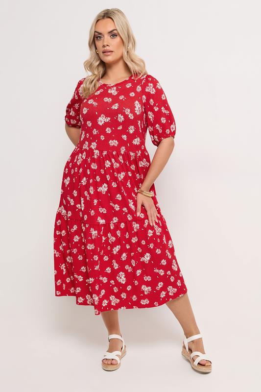 YOURS Plus Size Red Daisy Tiered Midi Dress | Yours Clothing 1
