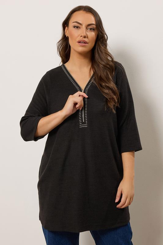 EVANS Plus Size Black Zip Front Stud Detail Top | Evans 1