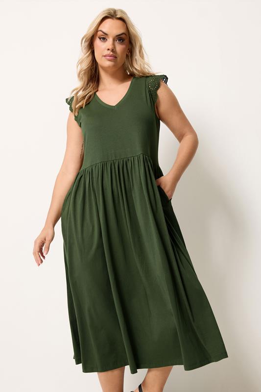 YOURS Plus Size Khaki Green Broderie Sleeve Maxi Dress | Yours Clothing 1