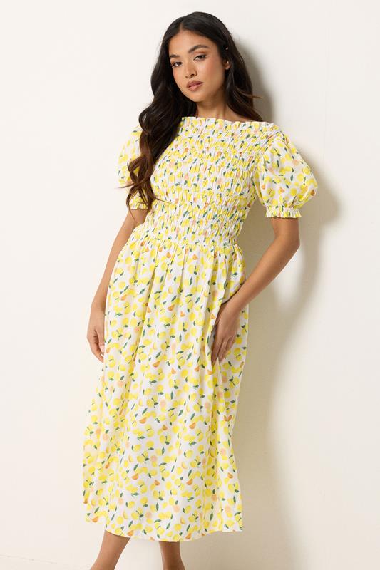 PixieGirl Petite Yellow Lemon Shirred Cotton Midi Dress