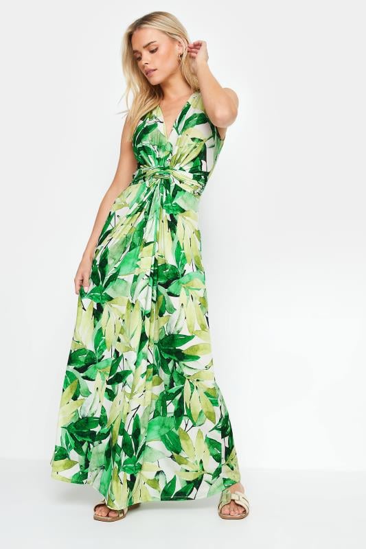 Women's  M&Co Petite Green Tropical Print Knot Front Maxi Dress