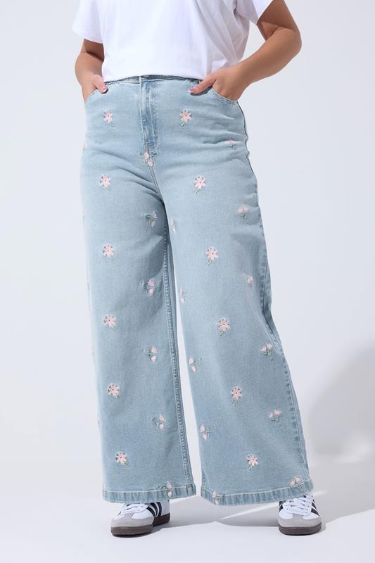 LIMITED COLLECTION Plus Size Blue Floral Embroidered Jeans | Yours Clothing 1