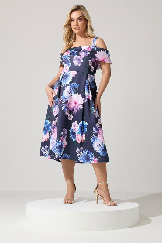 YOURS LONDON Curve Navy Blue Cold Shoulder Floral Skater Dress