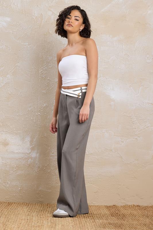 PixieGirl Petite Women's Grey Cross Over Contrast Waistband Trousers | PixieGirl 2
