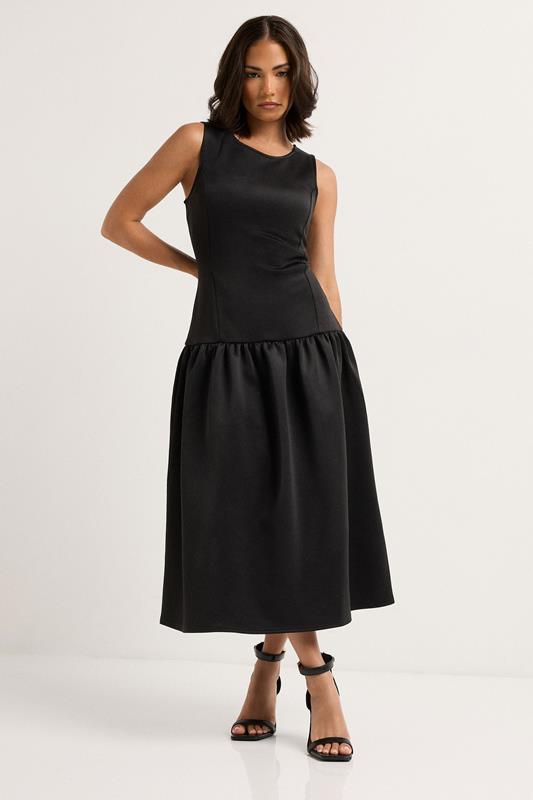 PixieGirl Petite Women's Black Scuba Drop Waist Midi Dress | PixieGirl 1