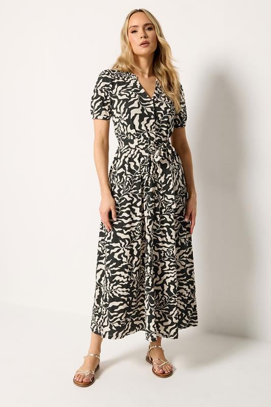LTS Tall Black & Brown Abstract Button Belted Cotton Midi Dress