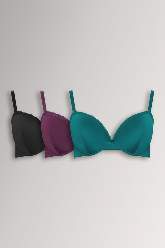 YOURSET 3 PACK Curve Burgundy Red & Green Lace Trim Padded T-Shirt Bras