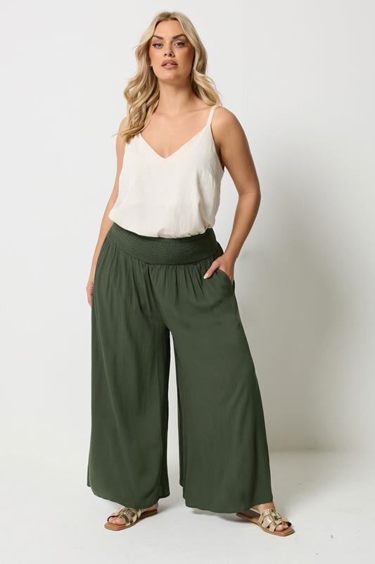 YOURS Plus Size Olive Green Shirred Trousers | Yours Clothing 1