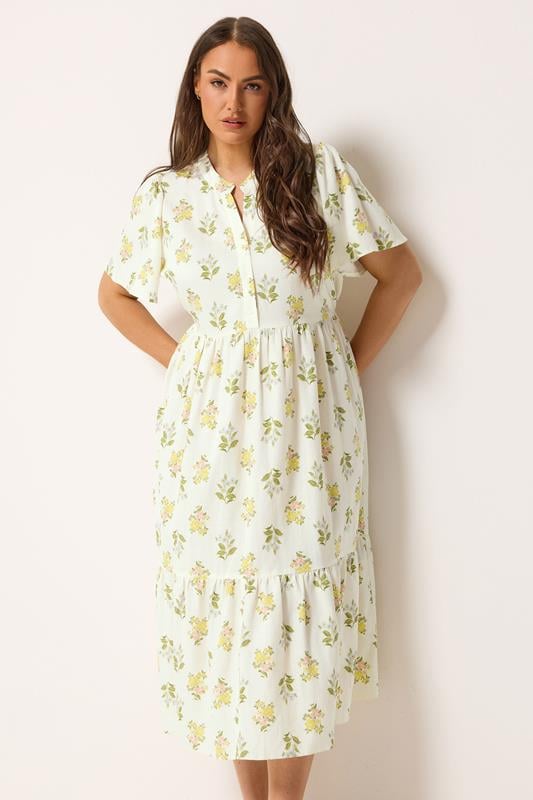 YOURS Curve White Floral Half Placket Midi Dress