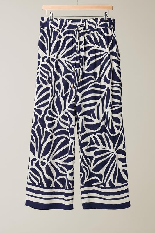 EVANS Plus Size Navy Blue Palm Border Print Trousers | Evans 8